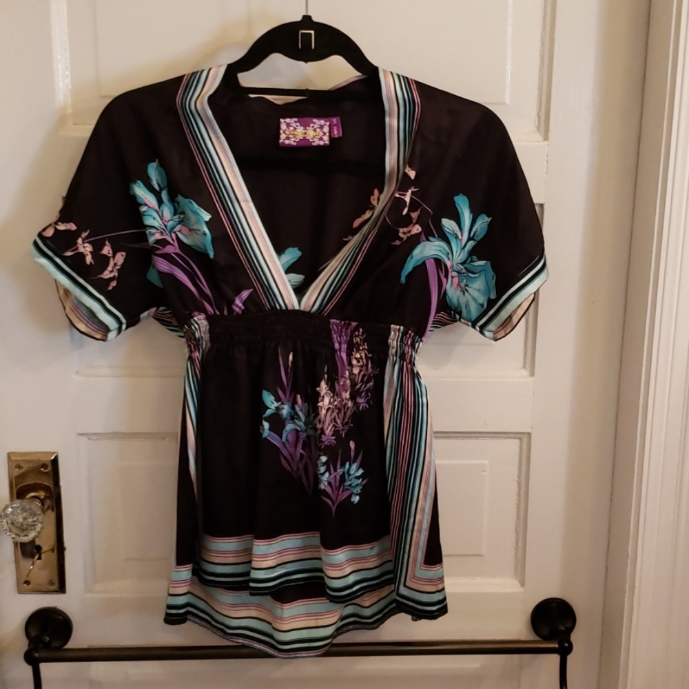 Silk black shirt with purple and teal flowers